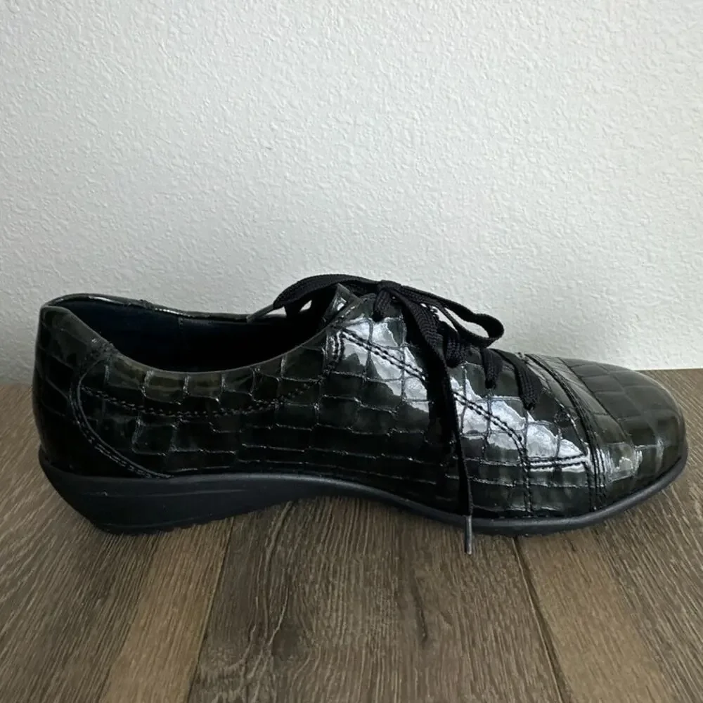 Ara Women's 10 Libby Anthracite Croc Patent Leather Lace Up Wedge Oxford
